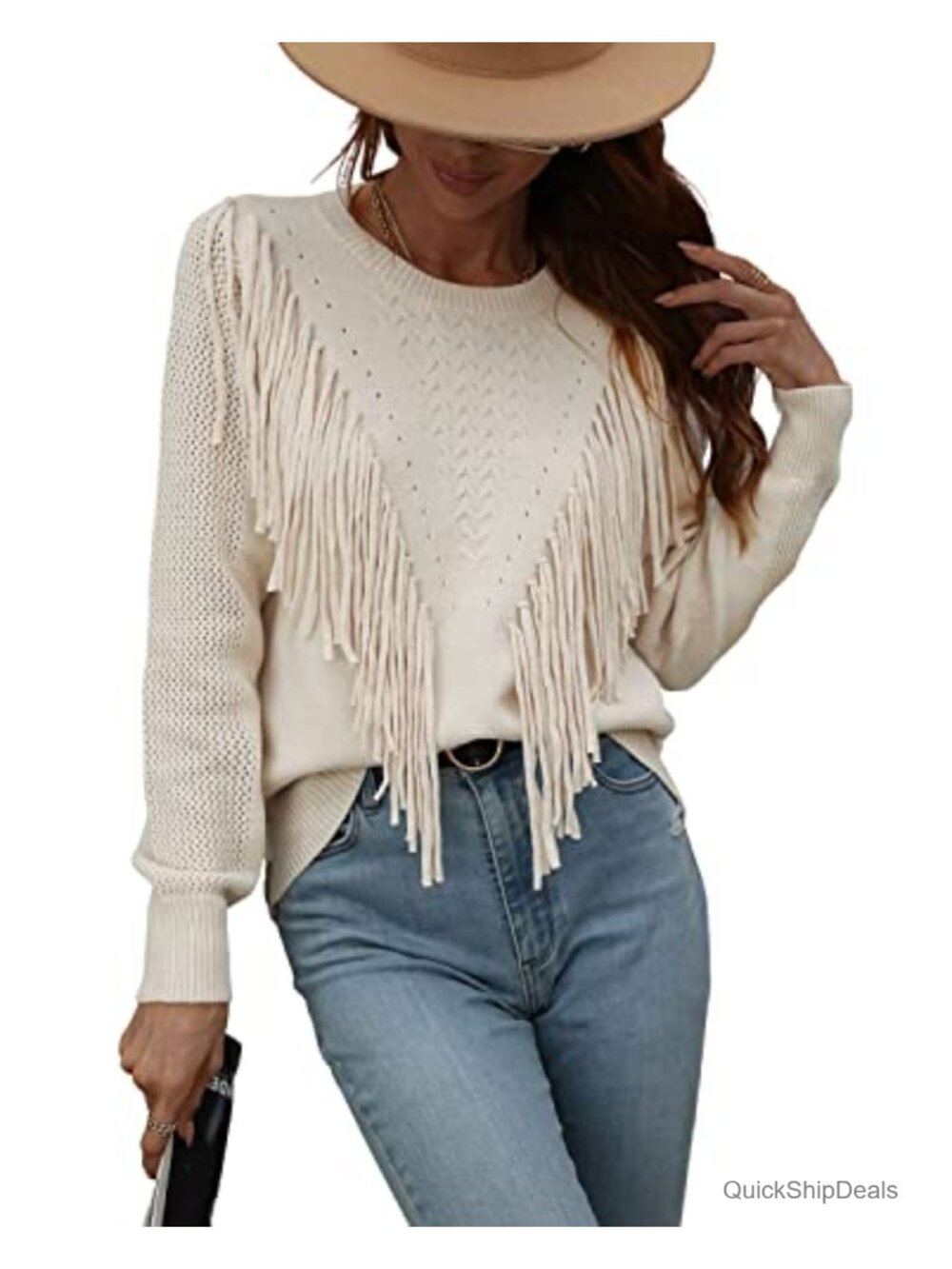 Women's Fringe Tassel Cable Knit Crewneck Pullover Sweater Loose Fit Winter